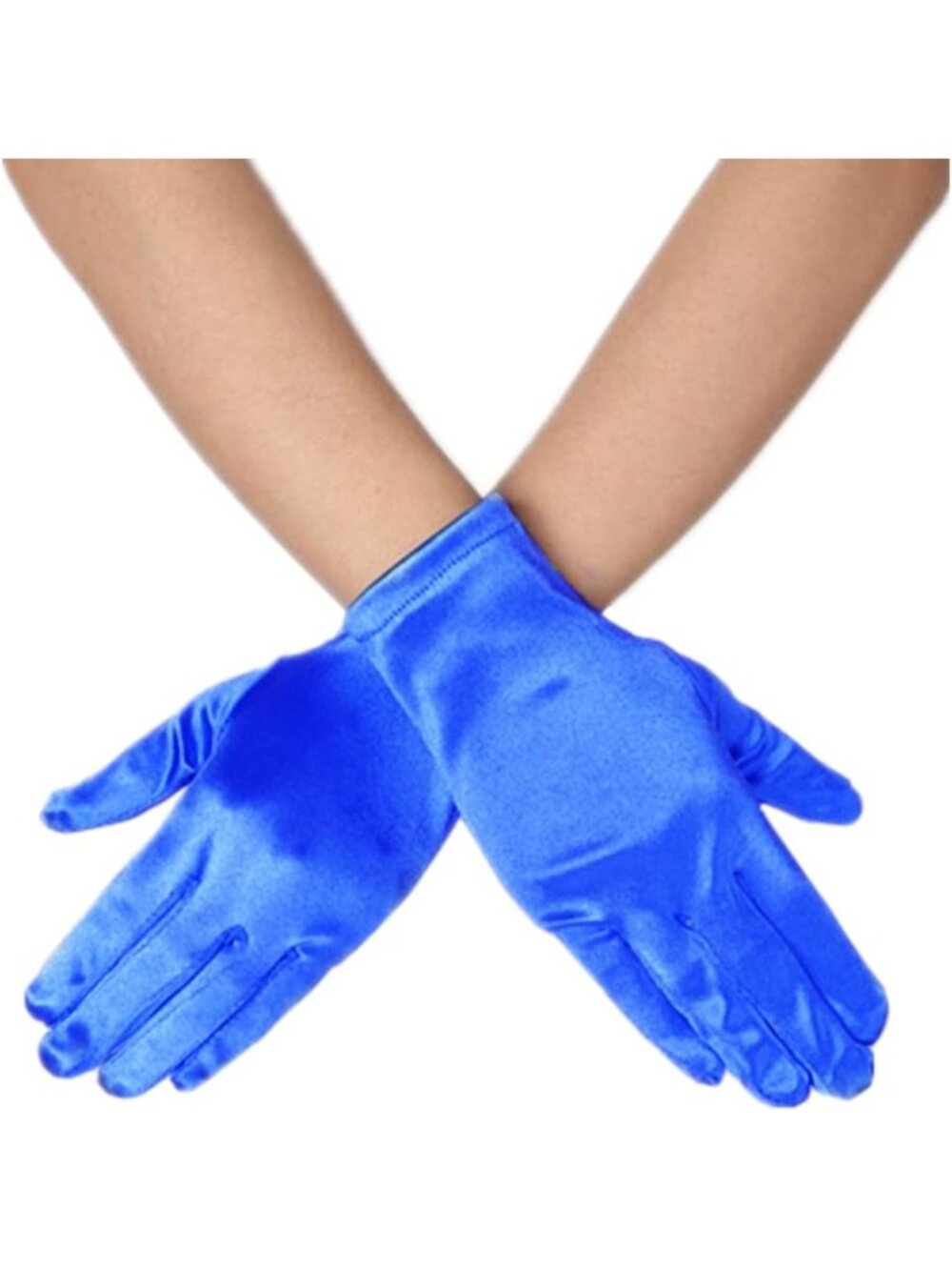 Women Blue Wrist Length Vintage Style 9 Inches Short Satin Mittens Opera Gloves